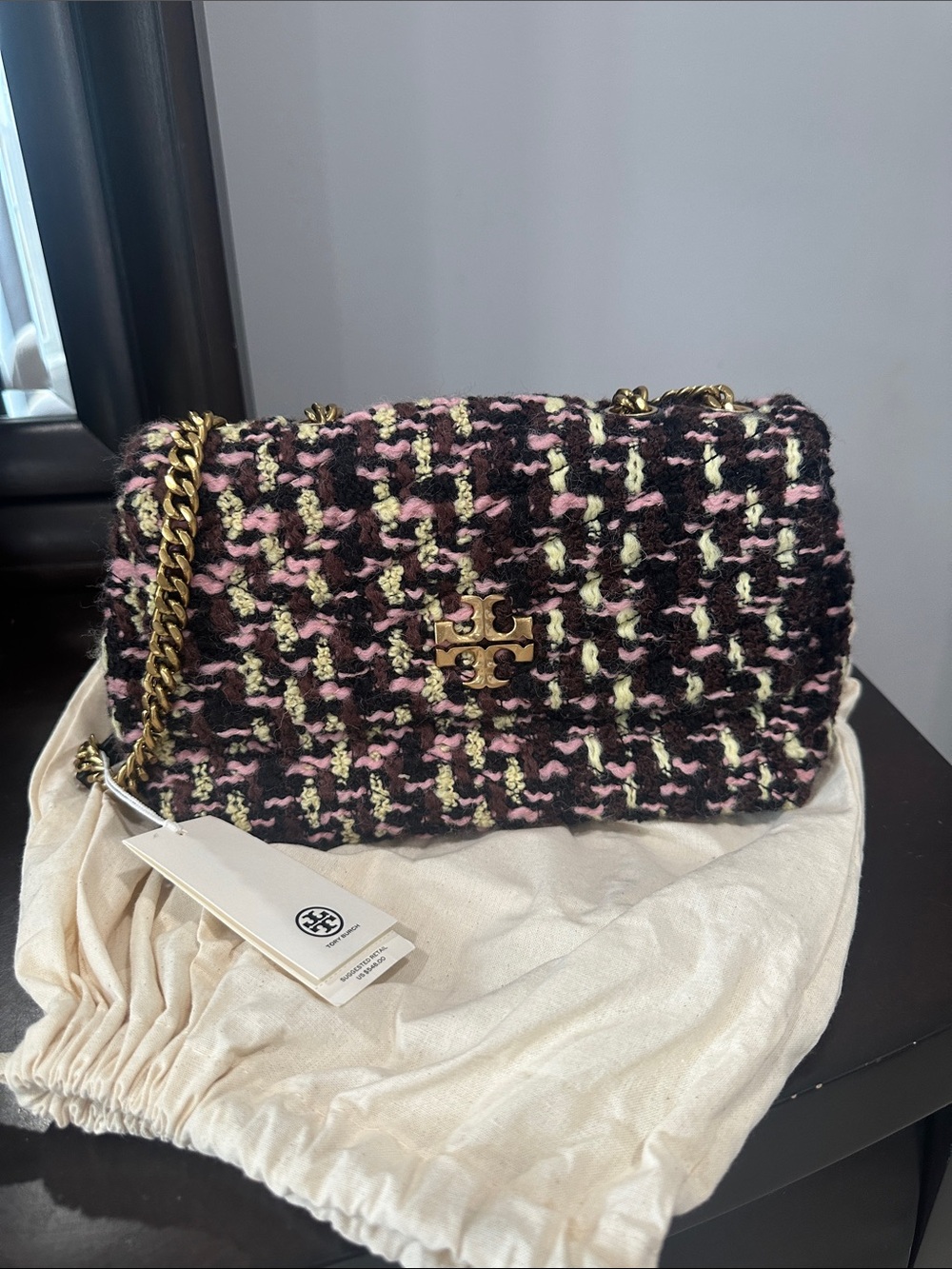 Tory Burch Pink, Black & Cream Tweed Chain Crossbody